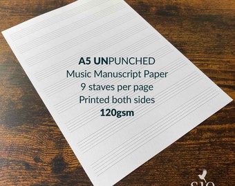 Papel para partituras musicales A5 sin perforar, hojas sueltas, blanco brillante, liso, 120 g/m², con 9 pentagramas por página.