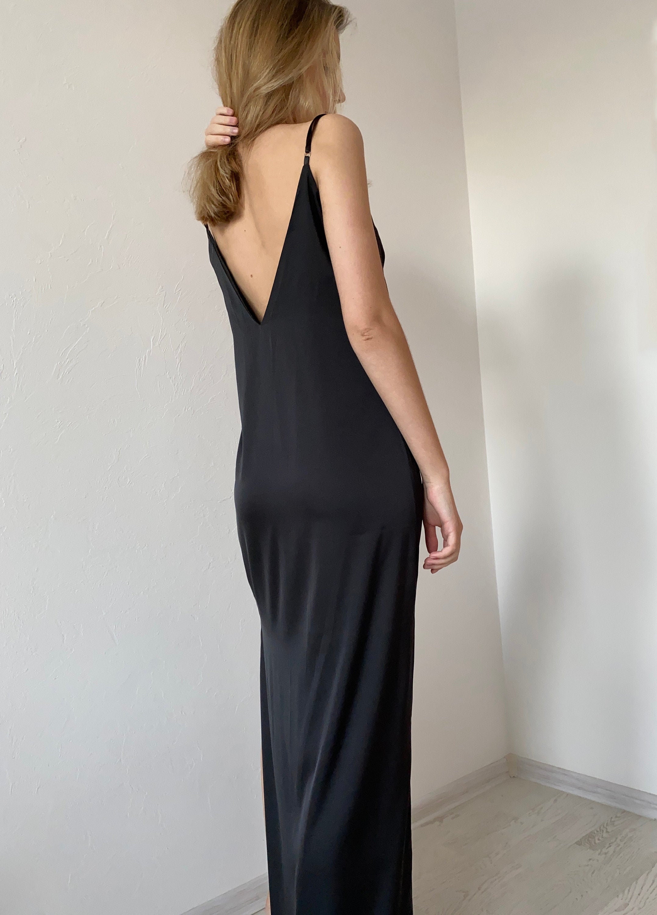İvory Silk Satin Midi Length Slip Dress With a Long Side Slit