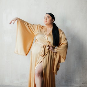Kimono Sleeves Llong Robe Gold Silky Robe Plus Size Robe | Etsy