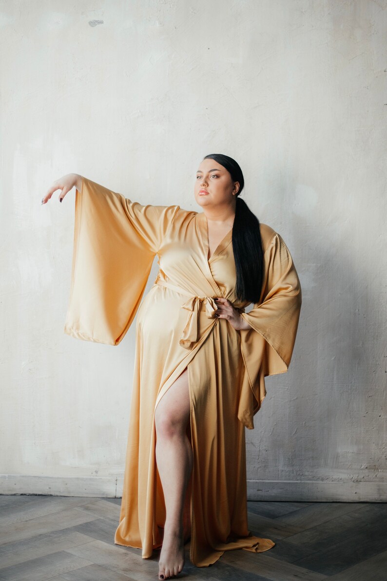 Kimono Sleeves Llong Robe Gold Silky Robe Plus Size Robe | Etsy