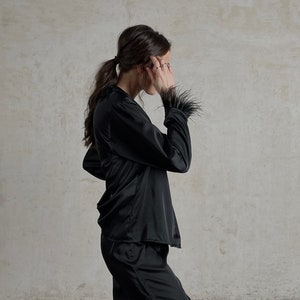 Black Silky Pajama Suit With Feathers Black Feather Pajama - Etsy