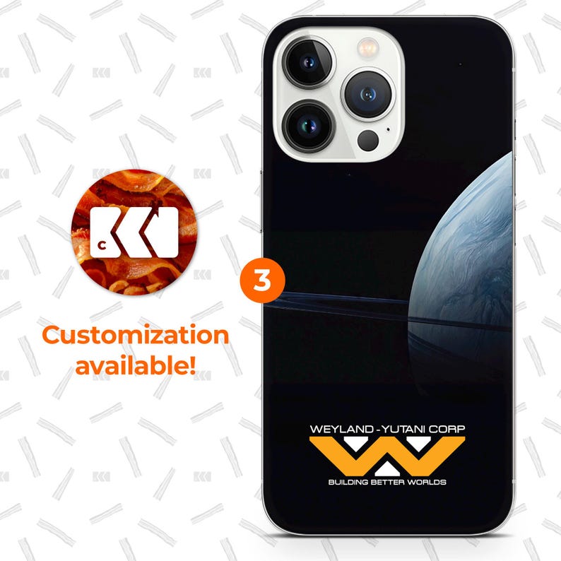 a black phone case with a space-themed design, including a planet and a star. The phone case has a customizability feature, as indicated by the text "Customization available!" and "Weyland-Yutani Corp. Building better worlds".