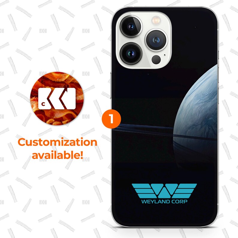a black phone case with a space-themed design, including a planet and a star. The phone case has a customizability feature, as indicated by the text "Customization available!" and the number "1".