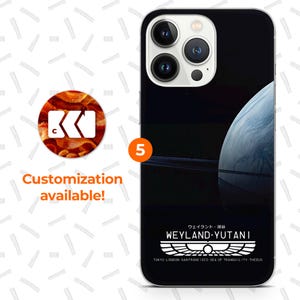 a phone case with a space-themed design, including a planet and a satellite. The phone case is described as customizable, and it is available for purchase.