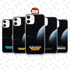 a collection of black iPhone cases with various designs and logos, including the "Weyland / Yutani Corp" logo.