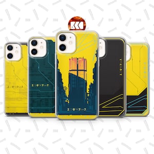 May include: Four different phone cases with a yellow and black cyberpunk design. The cases feature a tall building with the text "2-0-7-7" on the front.