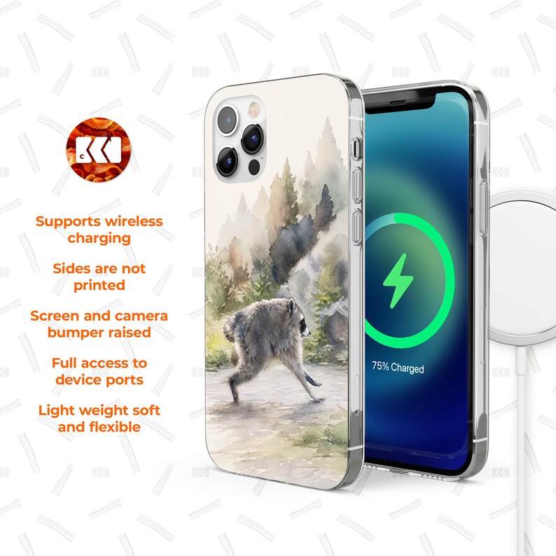 a phone case with a picture of a mountain on it, and it is described as a wireless charging phone case.