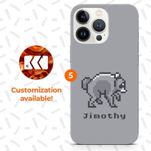 a grey phone case with a pixelated image of a bear and the name "Jimothy" written below it. The phone case also has a button icon and a text overlay that says "Customization available!"