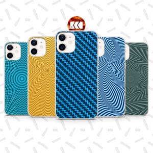 May include: A collection of five phone cases with optical illusion designs. The cases feature patterns in shades of blue, yellow, and green. Each case has a different design, including zigzags, concentric circles, and swirling lines.