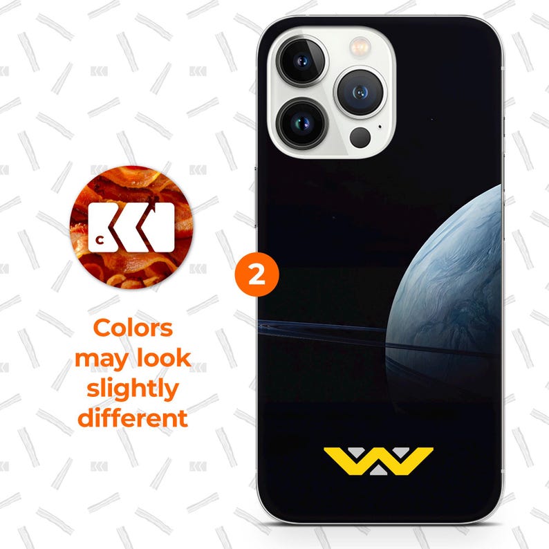 a black phone case with a space-themed design, including a planet and a star. The phone case has a black background and a white star on the bottom right corner. The text above the phone case states that colors may look slightly different, and the text below the phone case features a logo with the letters 'WV' on it.