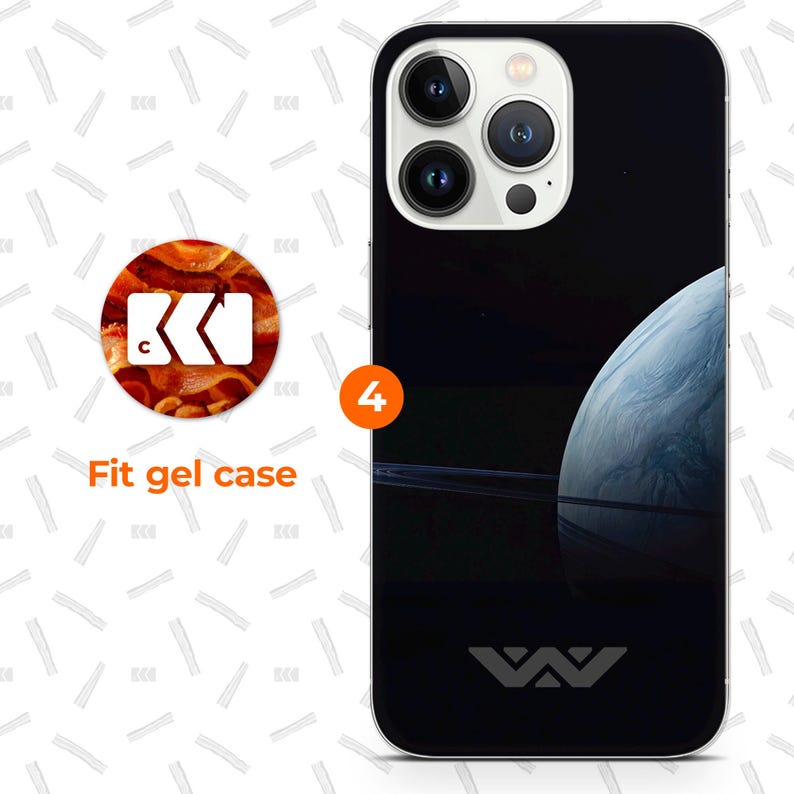 a black iPhone case with a space-themed design, including a planet and a star. The case appears to be a gel case, as indicated by the text "Fit gel case" and the number "4".