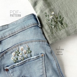 Summer meadows embroidery pattern pdf + video tutorial, floral pattern, botanical embroidery design, digital download, Mother&#39;s Day, herbs