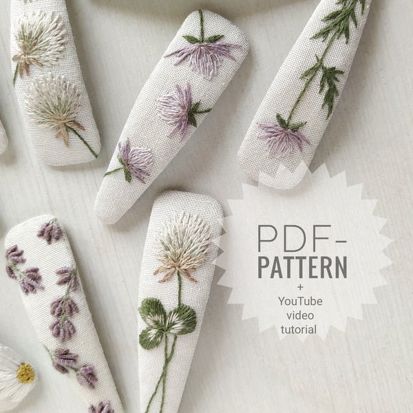 Floral hair clips embroidery pattern pdf + video tutorial, beginner embroidery pattern, botanical , handmade embroidered hair clips, herbs
