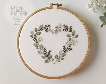 Patrón de bordado floral de corazón verde - PDF + videotutorial