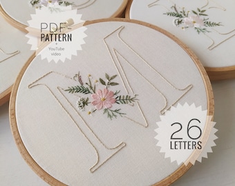 Floral alphabet 26 letter embroidery pattern + video tutorial, floral pattern, botanical embroidery,digital download, Mother&#39;s Day, monogram