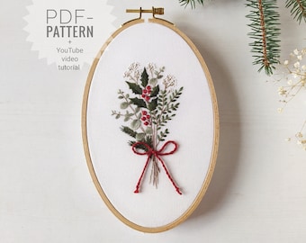 Christmas Bouquet Embroidery Pattern: Winter Floral Design (PDF Pattern + video)