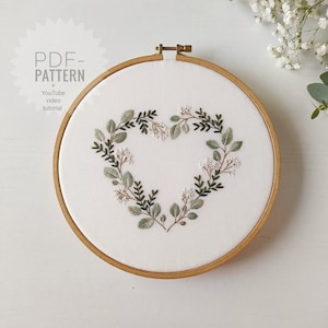 Tutoriel vidéo pdf sur le motif de broderie coeur vert, motif floral, motif de broderie botanique, téléchargement numérique, fête des mères, Saint-Valentin image 1