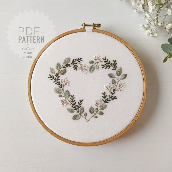 Green Heart embroidery pattern pdf video tutorial, floral pattern, botanical embroidery design, digital download, Mother's Day, Valentine's