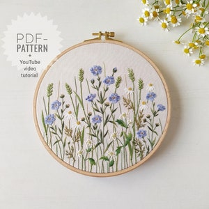 Flax Meadow embroidery pattern pdf + video tutorial, floral pattern, botanical embroidery design, digital download, Mother's Day, herbs