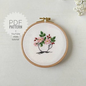 野生のバラの刺繍パターン + ビデオチュートリアル、初心者向け刺繍パターン PDF、植物の刺繍パターン、花の刺繍デザイン