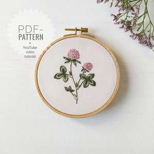 Clover embroidery pattern + video tutorial, beginner embroidery pattern pdf, botanical embroidery pattern, floral embroidery design