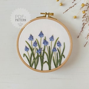 Schema ricamo botanico Muscari pdf + video tutorial, disegno ricamo primaverile, fiori primaverili, ornamento ricamo fiori