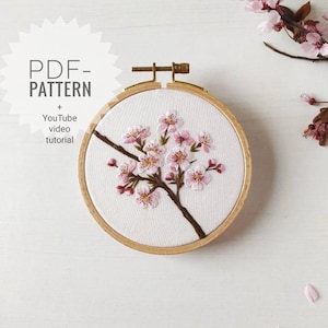 Cherry blossom embroidery pattern video tutorial, embroidery pattern pdf, botanical embroidery pattern, floral embroidery design image 1