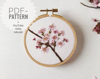 Cherry blossom embroidery pattern + video tutorial, embroidery pattern pdf, botanical embroidery pattern, floral embroidery design