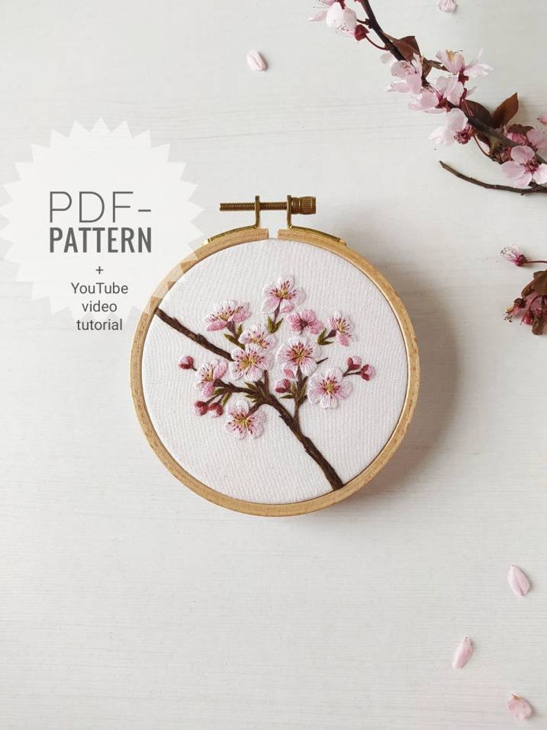 Cherry blossom embroidery pattern video tutorial, embroidery pattern pdf, botanical embroidery pattern, floral embroidery design image 1