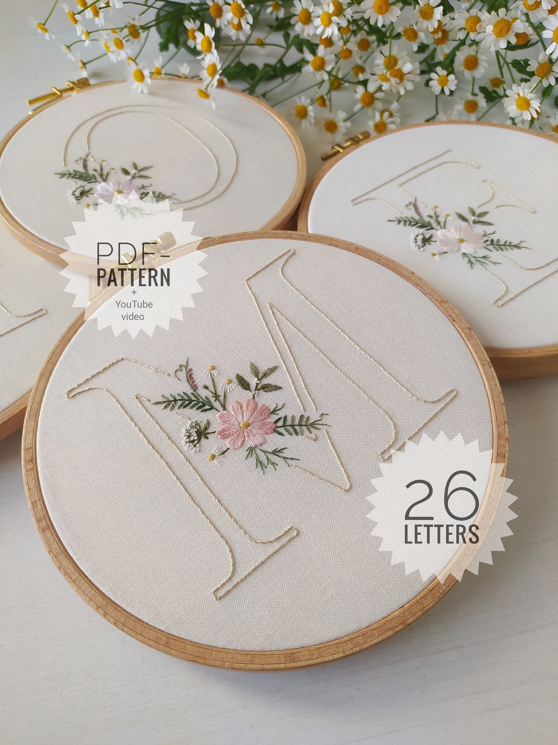 Floral alphabet 26 letter embroidery pattern + video tutorial, floral pattern, botanical embroidery,digital download, Mother's Day, monogram