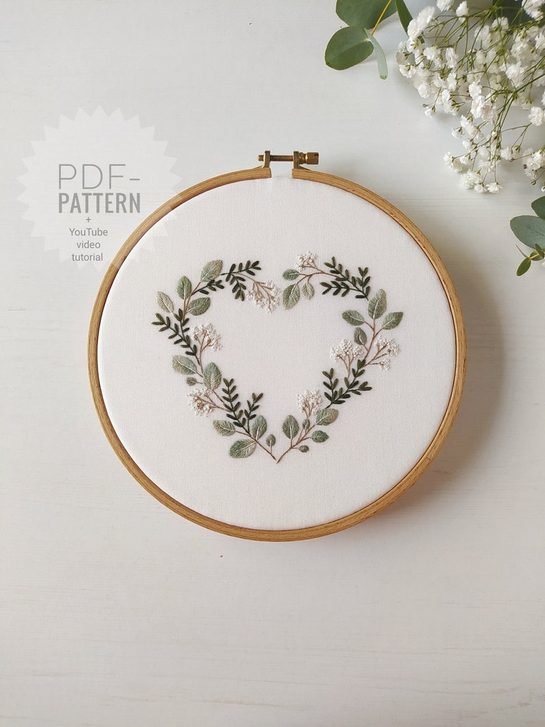 Tutoriel vidéo pdf sur le motif de broderie coeur vert, motif floral, motif de broderie botanique, téléchargement numérique, fête des mères, Saint-Valentin image 1