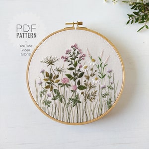 Clover meadow embroidery pattern pdf + video tutorial, floral pattern, botanical embroidery design, digital download, Mother's Day, herbs