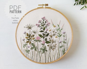 Clover meadow embroidery pattern pdf + video tutorial, floral pattern, botanical embroidery design, digital download, Mother's Day, herbs