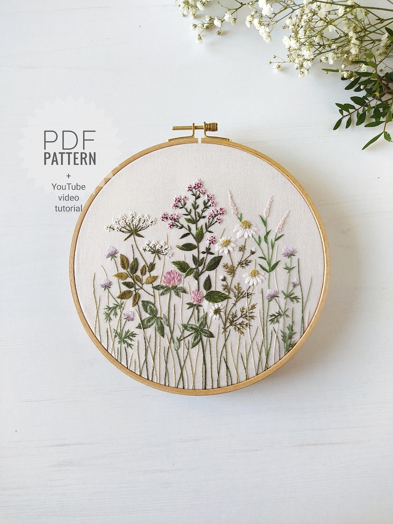 Clover meadow embroidery pattern pdf video tutorial, floral pattern, botanical embroidery design, digital download, Mother's Day, herbs image 1