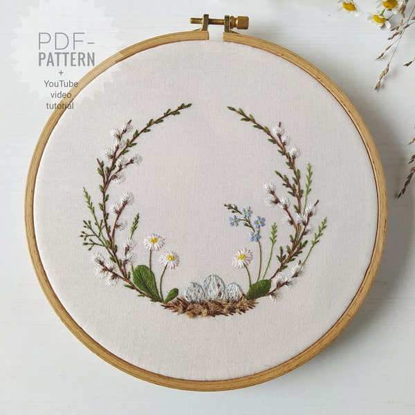 Easter wreath embroidery pattern pdf + video tutorial, easter embroidery design, spring flowers, flowers embroidery ornament, easter eggs