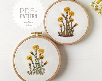 Modèle de broderie botanique de tussilage pdf + tutoriel vidéo, motif de broderie de printemps, fleurs de printemps, ornement de broderie de fleurs