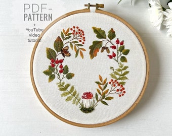 Autumn heart embroidery pattern pdf + video tutorial, floral pattern, botanical embroidery design, digital download, Mother's Day