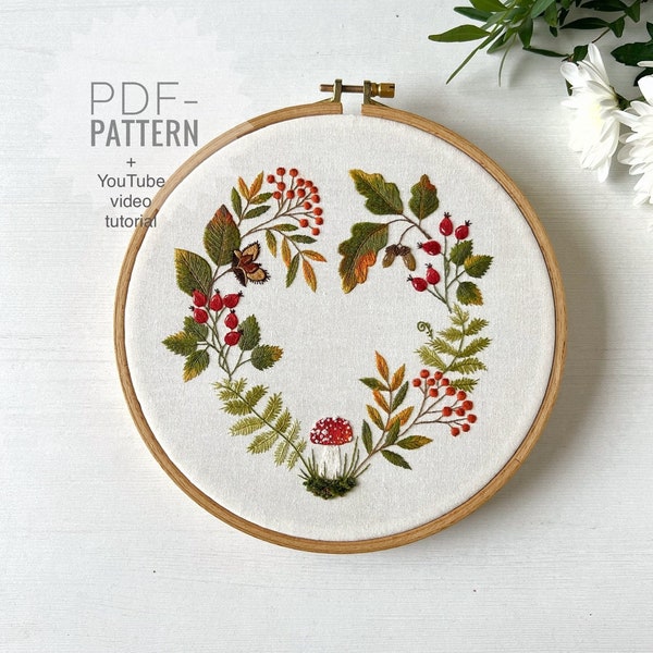 Autumn heart embroidery pattern pdf + video tutorial, floral pattern, botanical embroidery design, digital download, Mother's Day