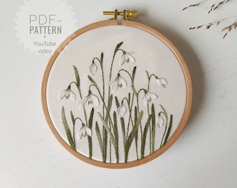 Patrón de bordado de campanillas de invierno en PDF + videotutorial: diseño floral de campanillas de invierno para bordado a mano en primavera