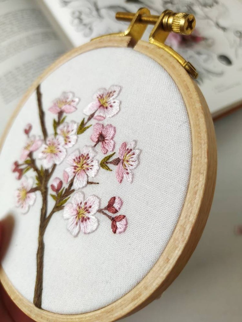 Cherry blossom embroidery pattern video tutorial, embroidery pattern pdf, botanical embroidery pattern, floral embroidery design image 3