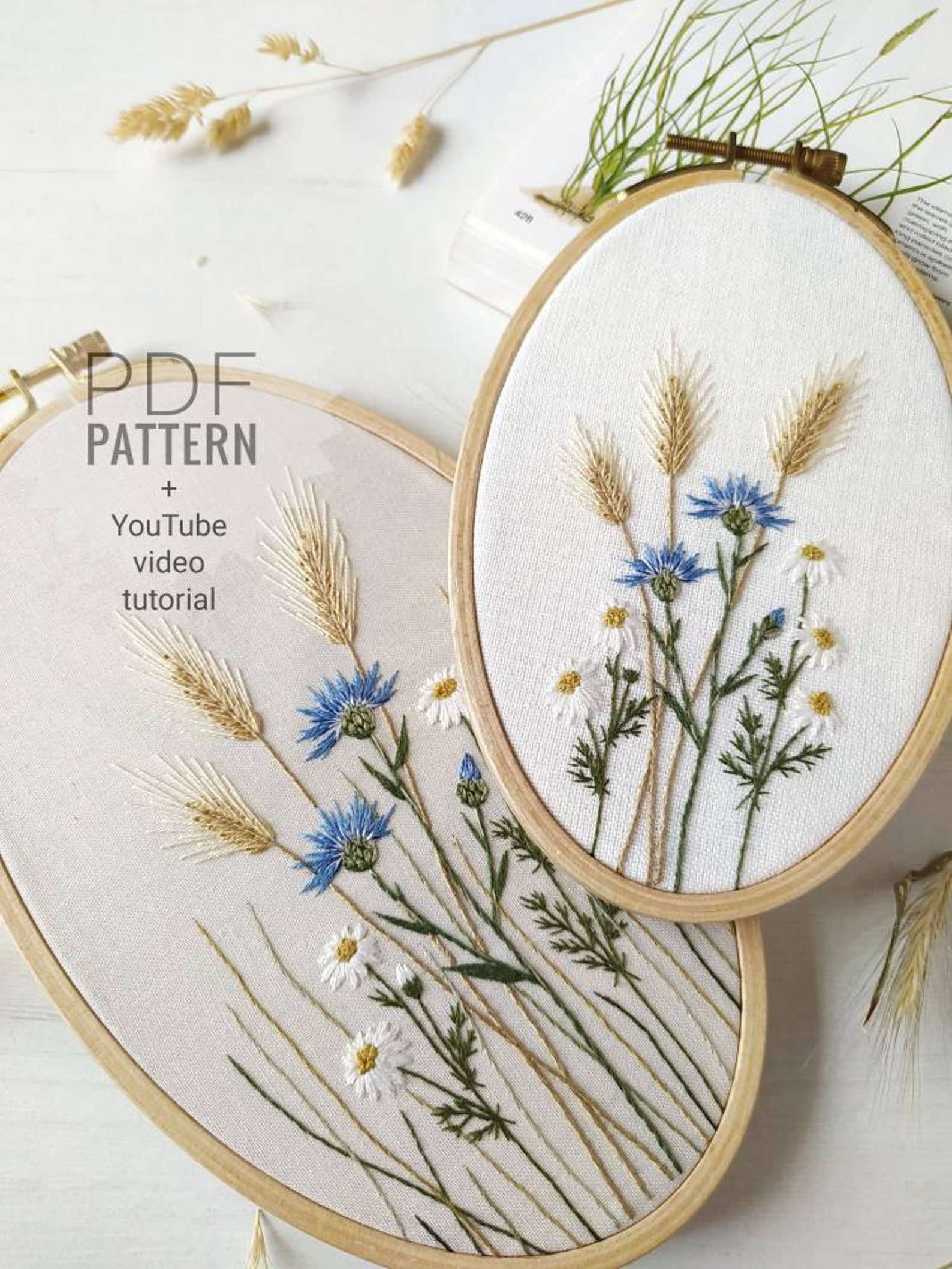 Cornflower Embroidery Pattern Video Tutorial Wildflower Etsy