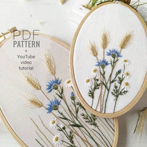 Cornflower embroidery pattern + video tutorial, wildflower embroidery pattern beginner embroidery pattern pdf, botanical embroidery design
