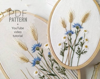 Cornflower embroidery pattern + video tutorial, wildflower embroidery pattern beginner embroidery pattern pdf, botanical embroidery design