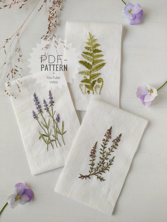 ボタニカルトリオ刺繍パターン PDF + ビデオ – ラベンダーヘザーシダの