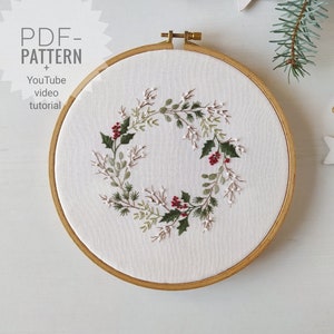 Weihnachtskranz Stickmuster pdf + Video Anleitung, Winter Stickanleitung, Weihnachtsblumen, Weihnachtsstickerei Ornament, Weihnachtsschmuck