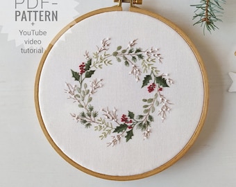 Christmas wreath embroidery pattern pdf + video tutorial, winter embroidery, Christmas flowers, Christmas embroidery ornament, holly joy