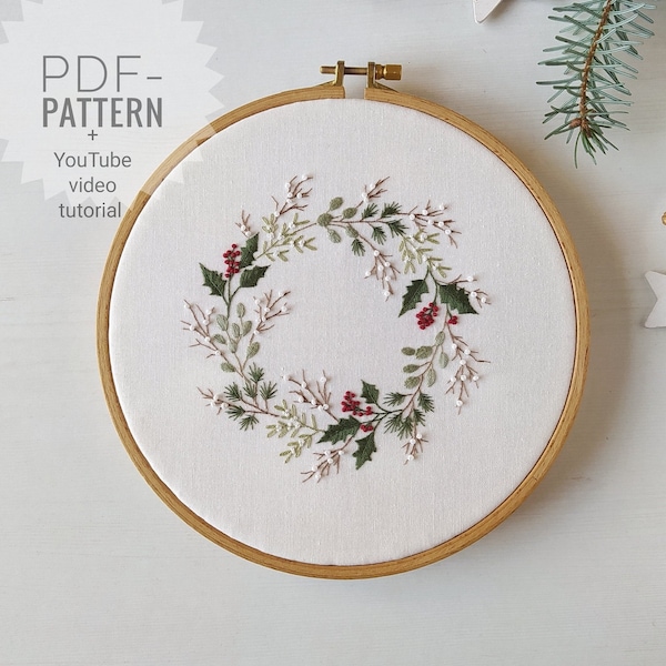 Modèle de broderie de couronne de Noël pdf + tutoriel vidéo, broderie d'hiver, fleurs de Noël, décoration de broderie de Noël, joie de houx