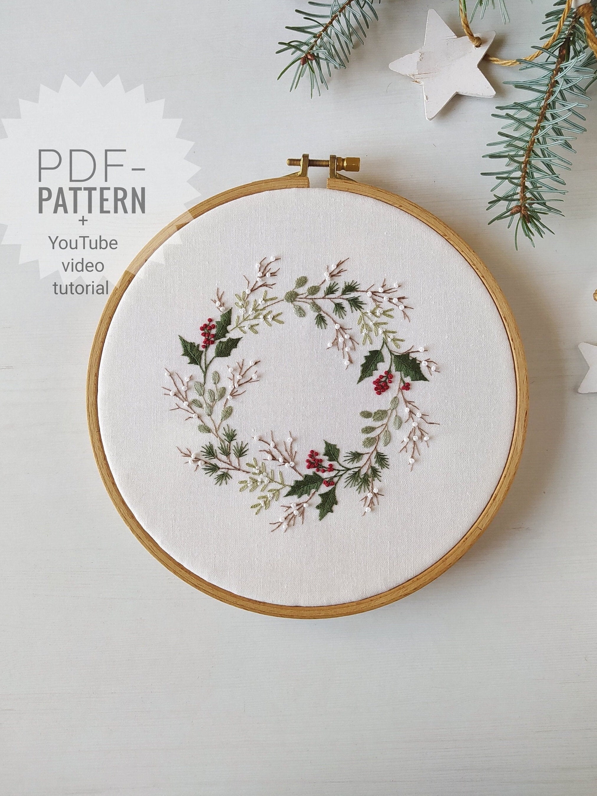 Christmas Wreath and Winter Heart Embroidery Pattern: Winter Floral Design  (PDF + Video) - Etsy, image size:2026x2701