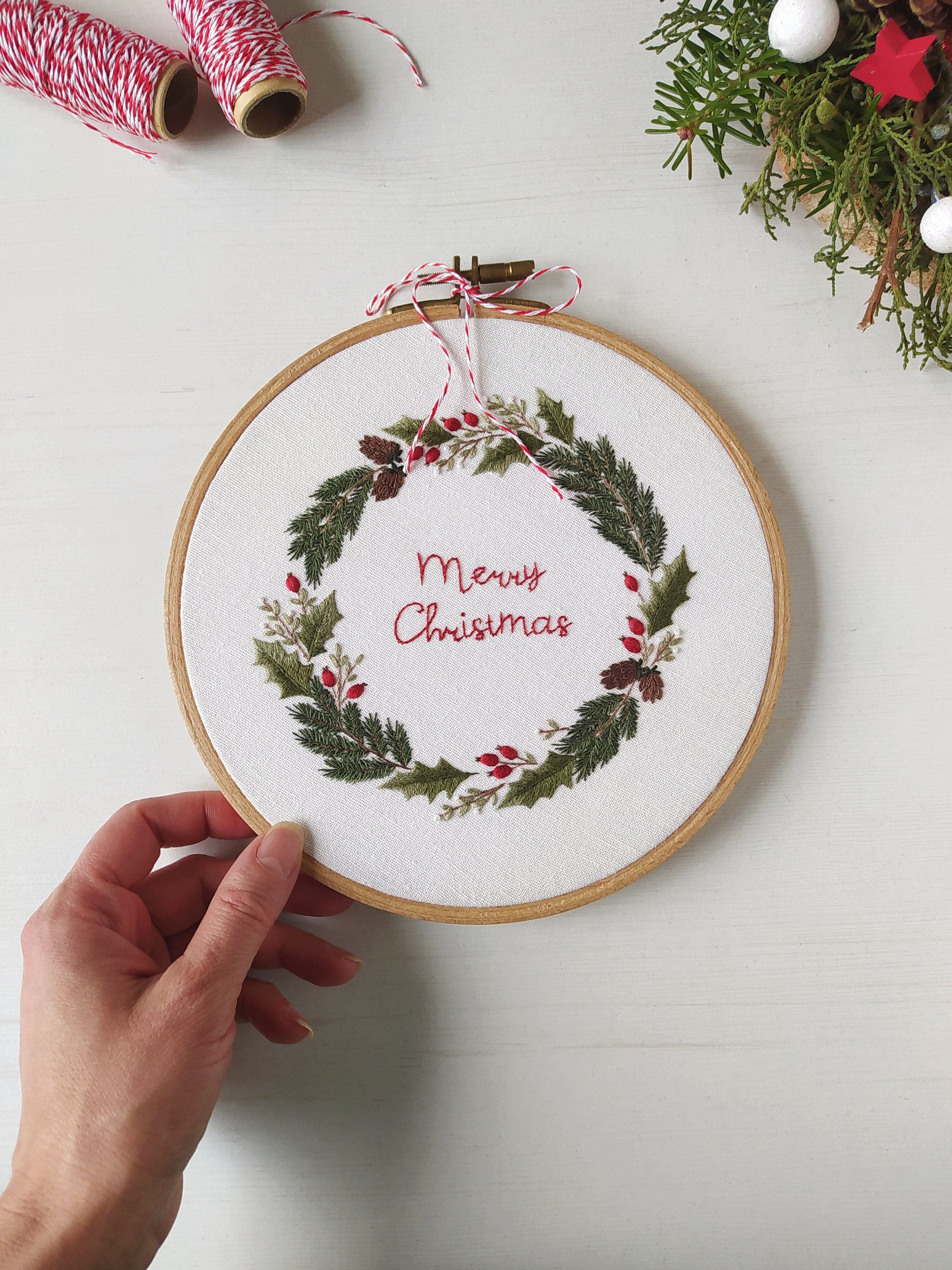 Merry Christmas Wreath Embroidery Pattern: Holly Joy (PDF + Video