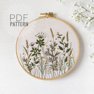 Chamomile meadow embroidery pattern, wildflower embroidery pattern pdf, botanical embroidery pattern, floral embroidery design, Mother's Day